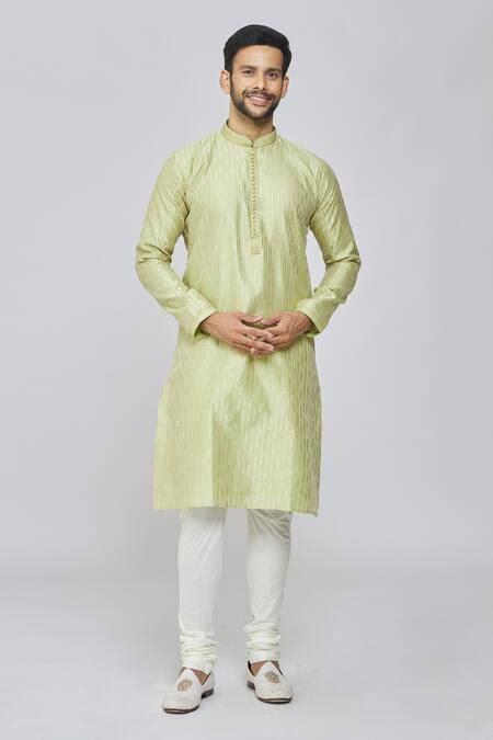 Buy Green Kurta Chanderi Silk Embroidered Thread Work Set For Men By