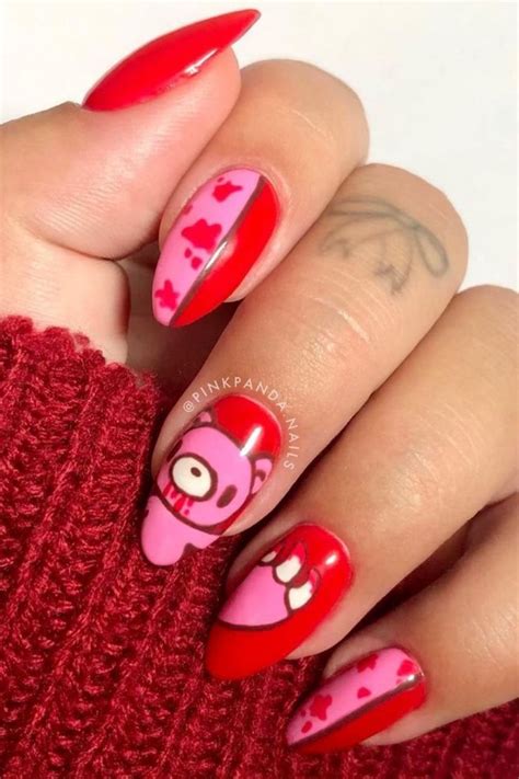 Red And Pink Gloomy Bear Inspired Gel Polish Nail Art Anime Nails