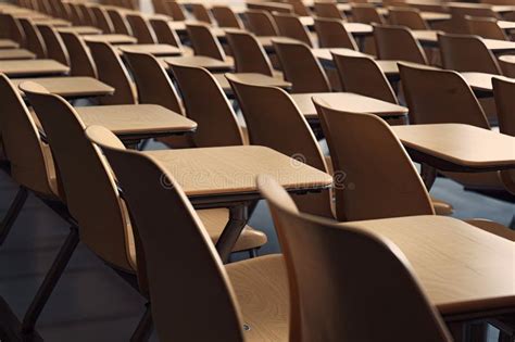 Rows Of Empty Wooden Lecture Chairs In A Modern Classroom Setting With A Laptop And Notebook On