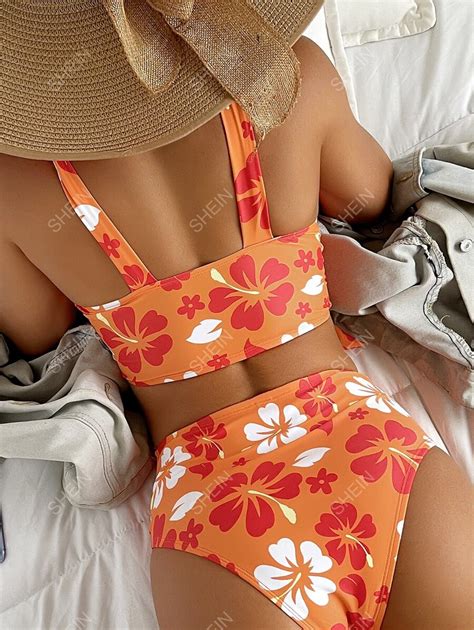 SHEIN Swim Summer Beach Floral Print Bikini Set Knot Shoulder Surplice