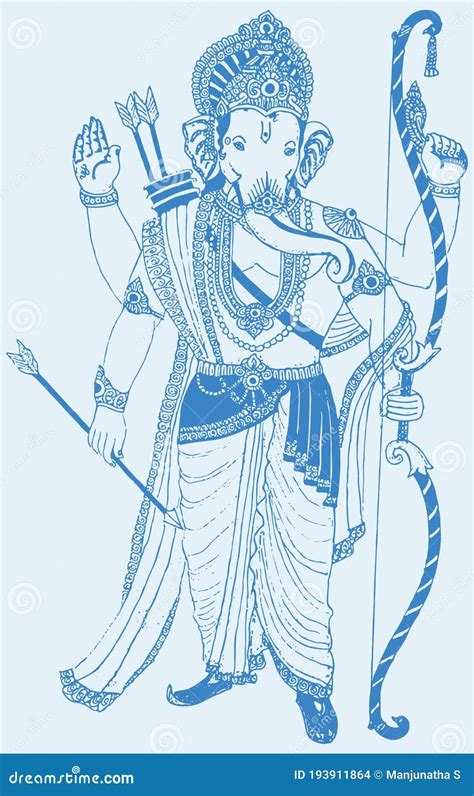 Drawing Of Lord Ganesha In A Lord Rama Pose With Bow And Arrow Outline