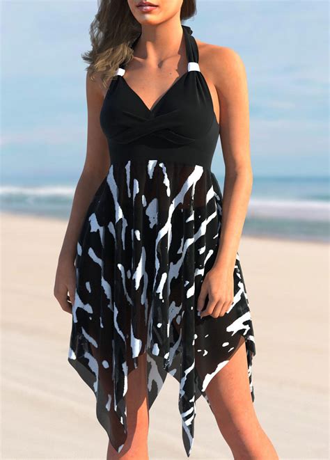 Brushstroke Print Color Block Asymmetric Hem Swimdress Top Rosewe