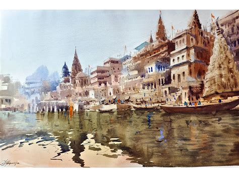 The Varanasi Ganga Ghat Wotercolor Painting Watercolor On Paper