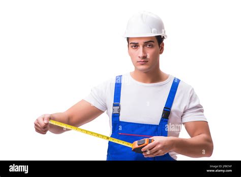 Man With Tape Measure Isolated On White Stock Photo Alamy