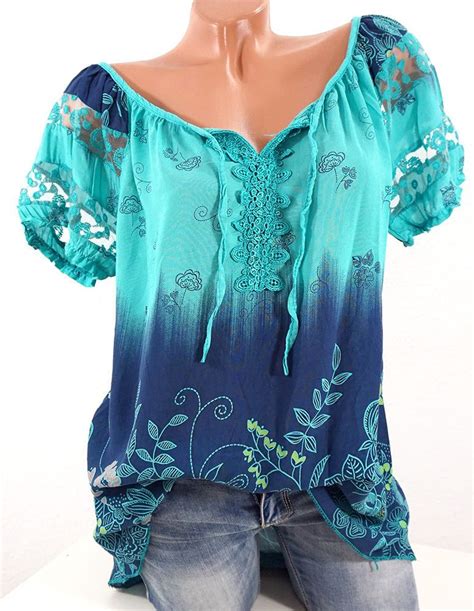 Italy Tunika Bluse Spitze Boho Shirt Batik Blumen Mint Blau