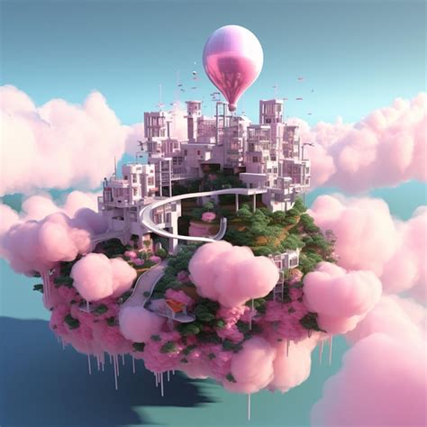 There Is A Pink Hot Air Balloon Flying Over A City Generative Ai