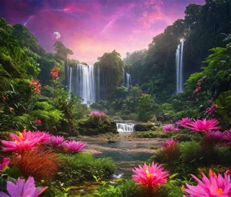 Grandes Flores Rosadas En Cascadas Jungle Valley Imagen Generativa De