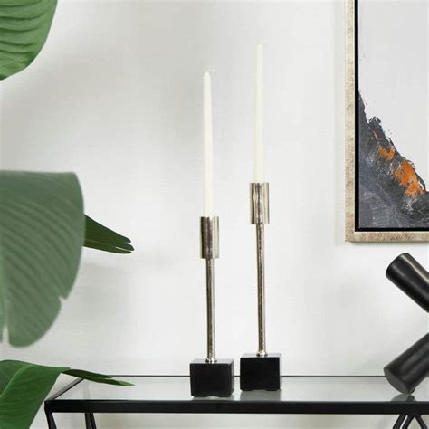 Litton Lane Silver Aluminum Slim Candle Holder With Black Block Bases