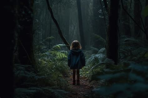 Premium Photo | Little girl walking in the dark mystery forest back ...