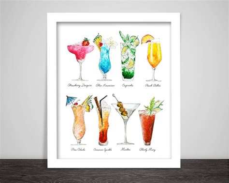 Cocktails Art Print, Summer Drinks With Names, Colorful Artwork ...