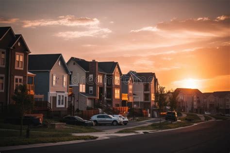 Residential Neighborhood at Dusk, with the Sun Setting Behind the Homes ...