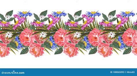 Seamless Horizontal Border with Cute Garden Flowers. Stock Vector ...