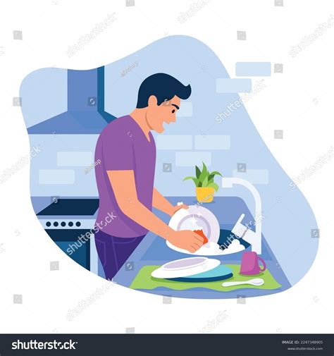 Vector Illustration Washing Dishes Cartoon Scene Stock Vector (Royalty ...