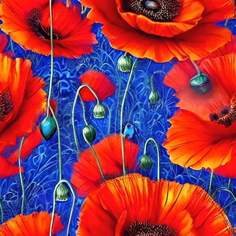 Beautiful Poppies Flowers Blues Red Colored Hyper Detailed Beautiful Digital Matt Whimsical