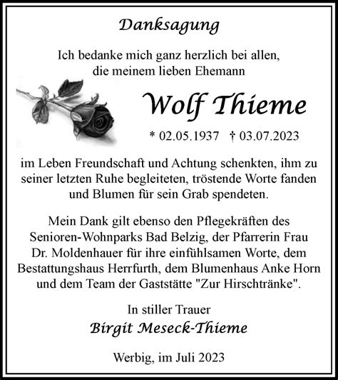 Traueranzeigen von Wolf Thieme Märkische Onlinezeitung Trauerportal