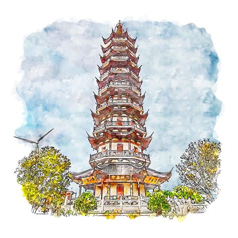 Pagoda Shanghai China Watercolor Sketch Hand Drawn Illustration