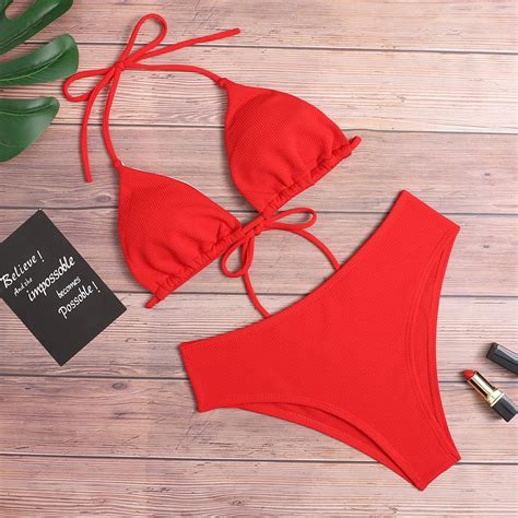 Solid Color Bandage Bikini Women S Split High Waist Swimsuit For Women