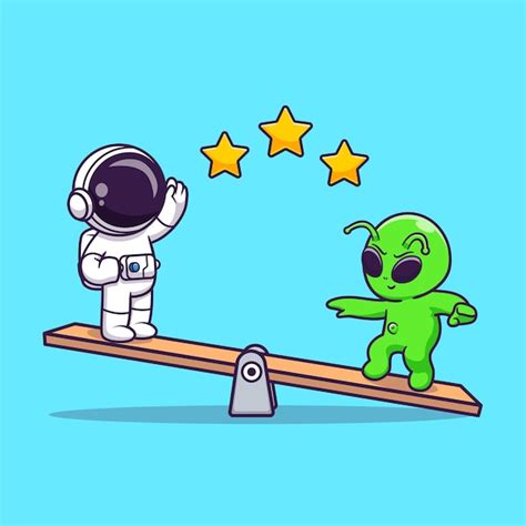 Astronauta bonito e alienígena jogando gangorra ilustração de ícone