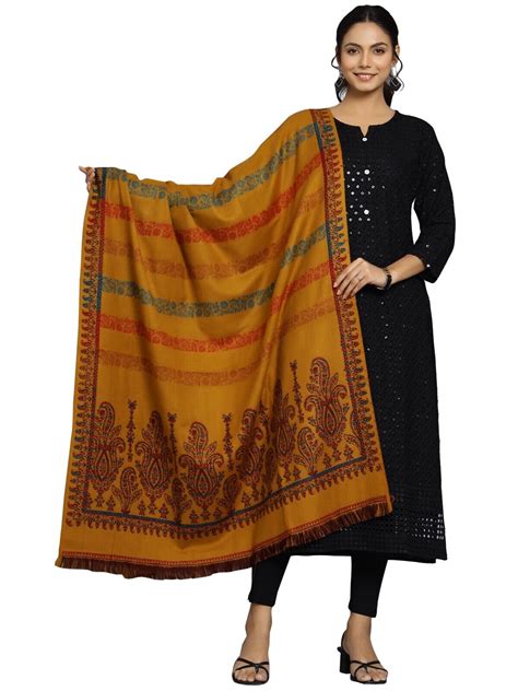 Paisley Wool Jamavar Shawl Mustard Gold Jacquard Pashmina Jamawar Wrap