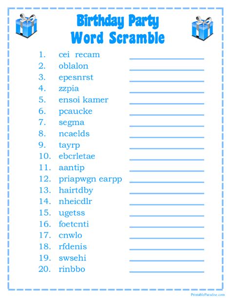 Printable Birthday Party Word Scramble Game