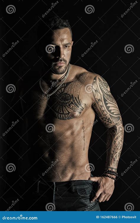 Bearded Man With Strong Torso Man With Tattooed Arm And Chest Tattoo Model With Belly Stock