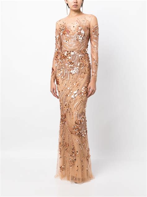 Zuhair Murad Sequin Embellished Maxi Gown Dress Neutrals Farfetch