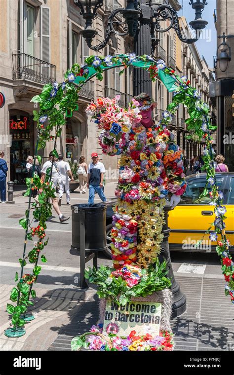 Human Statue With Flowers La Rambla Ramblas Barcelona Stock Photo