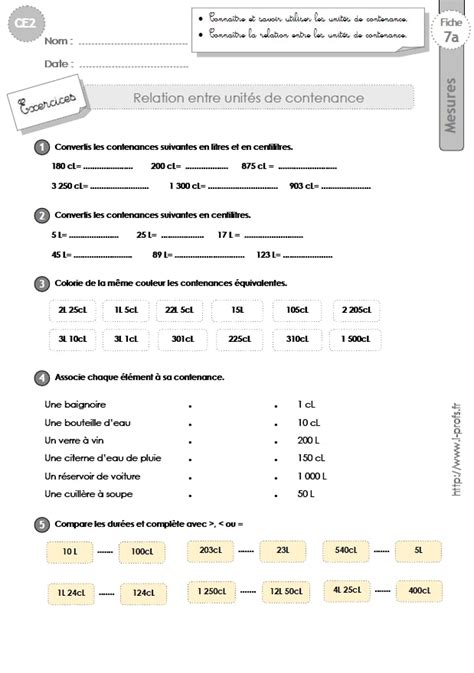 Ce Mesures Et Grandeurs Exercices Convertir Des Unit S Contenances