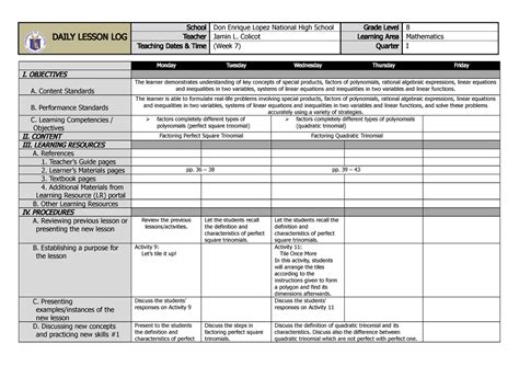 Sample Grade 8 Dll Q1w7 Daily Lesson Log School Don Enrique Lopez