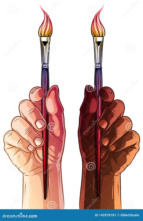 Cartoon Hands Holding Colorful Paint Brush Stock Vector Illustration