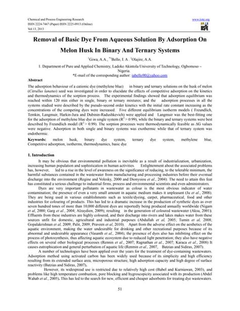 Removal Of Basic Dye From Aqueous Solution By Adsorption On Melon Husk In Pdf