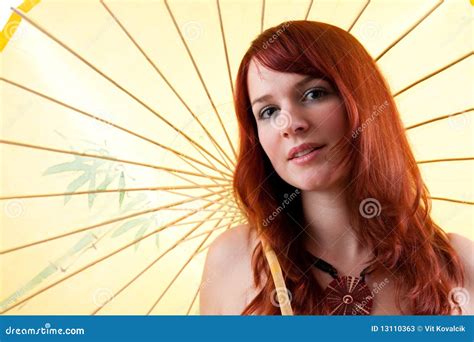 Beautiful Red Haired Girl With Parasol Stock Image Image Of Body