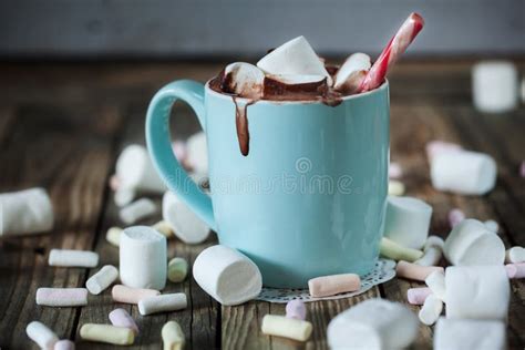 Mug Filled With Hot Chocolate And Marshmallow And Candy Stock Image Image Of Liquid Breakfast