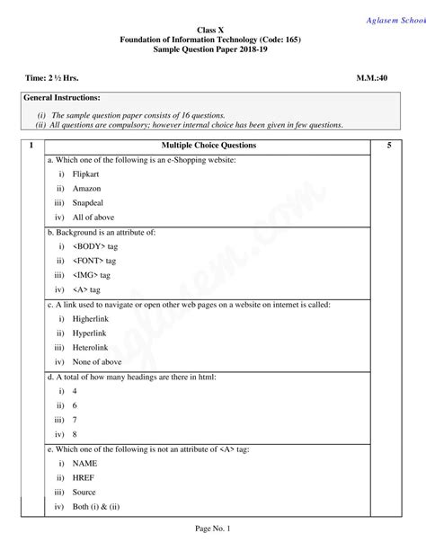 Cbse Class 10 Sample Paper 2019 For Foundation Of Information Technology