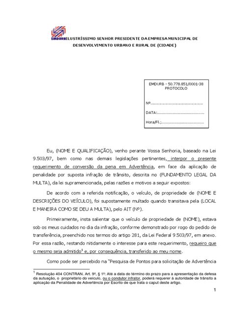 Requerimento ConversÃo Multa De TrÂnsito Em AdvertÊncia Tráfego Cidade