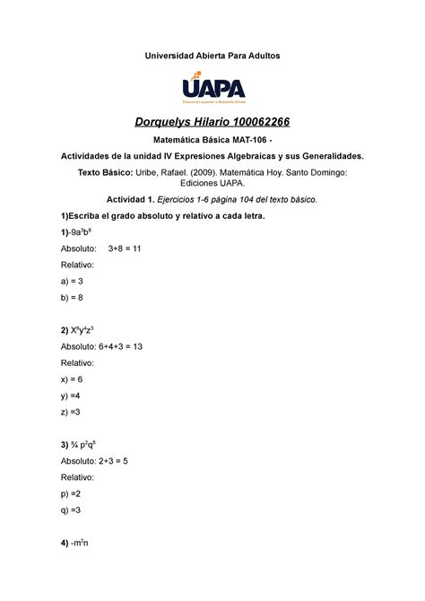 Tarea Matematica Universidad Abierta Para Adultos Dorquelys