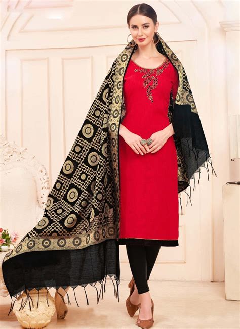 Red Straight Salab Cotton Chudidar Red Color Resham Embroidered Top