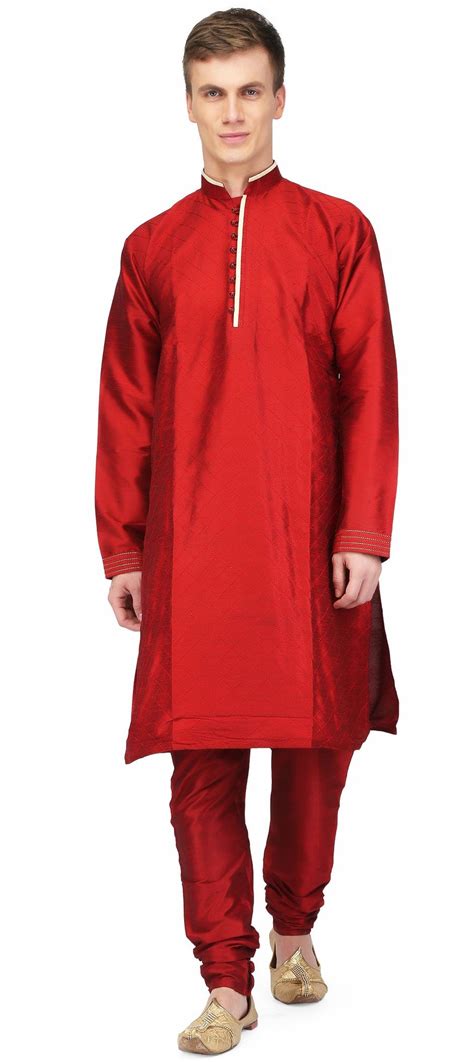 Red And Maroon Color Raw Silk Fabric Kurta Pyjamas