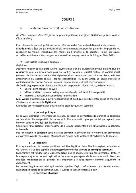 Cours institution et vie politique régime républicain M Rouquan