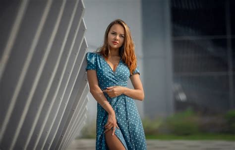 Wallpaper Girl Model Blonde Blue Dress Public Polka Dots Looking