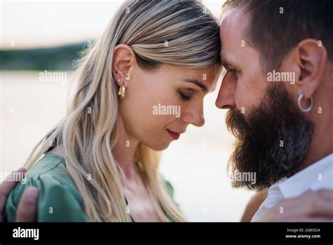 Close Up Portrait Of Happy Mature Couple In Love Hugging In Nature Stock Photo Alamy