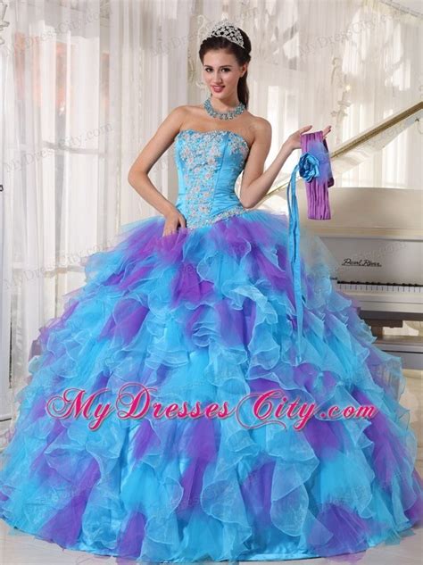 Blue And Purple Strapless Appliqued Quinceanera Dresses Mydresscity