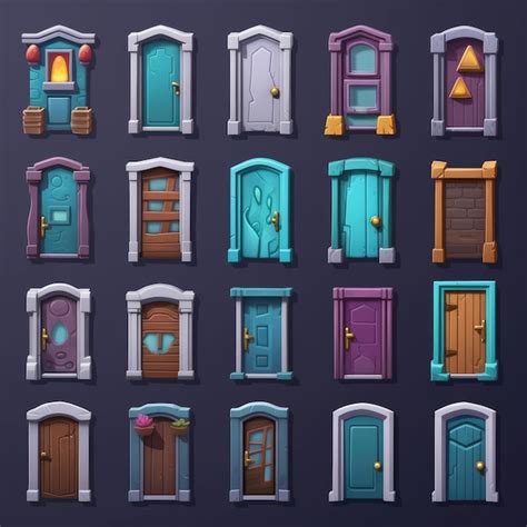 Premium Photo | A set of different colored doors with windows and doors.