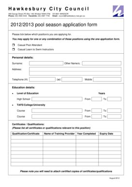 Fillable Online Hawkesbury Nsw Gov Pool Season Application Form