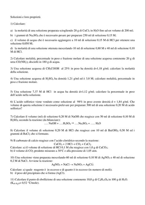 Chimica Esercizi Sulle Soluzioni E Le Loro Proprietà Esercizi Di