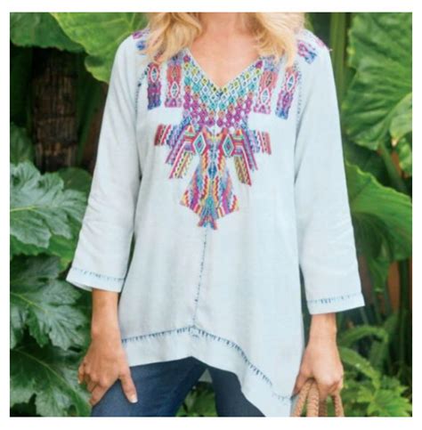 Soft Surroundings Embroidered Mixteca Tunic Top Chamb Gem