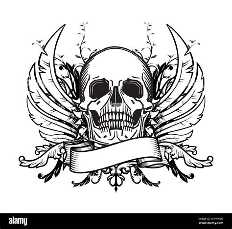 skull with wings, flourishes and ribbon tattoo vector illustration ...