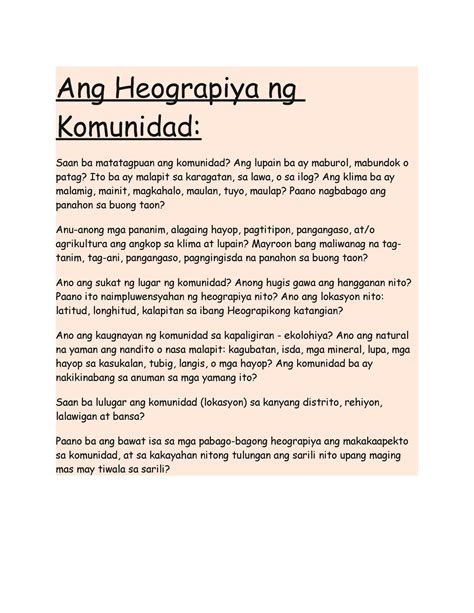 Document Sample Ang Heograpiya Ng Komunidad Saan Ba Matatagpuan