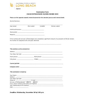 Fillable Online Nomination Form CSULB DISTINGUISHED ALUMNI AWARD