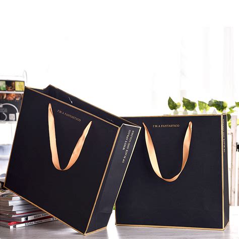 Hot Sale Brand Logo Luxury Black Shopping Paper Pouch Kraft Packing